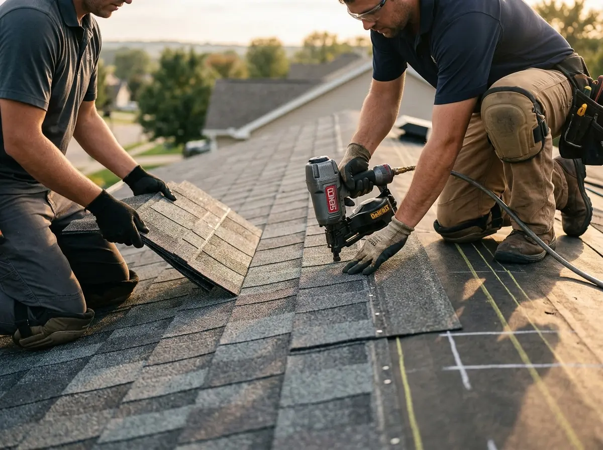 Professional roofer working on a residential roof in Liberty